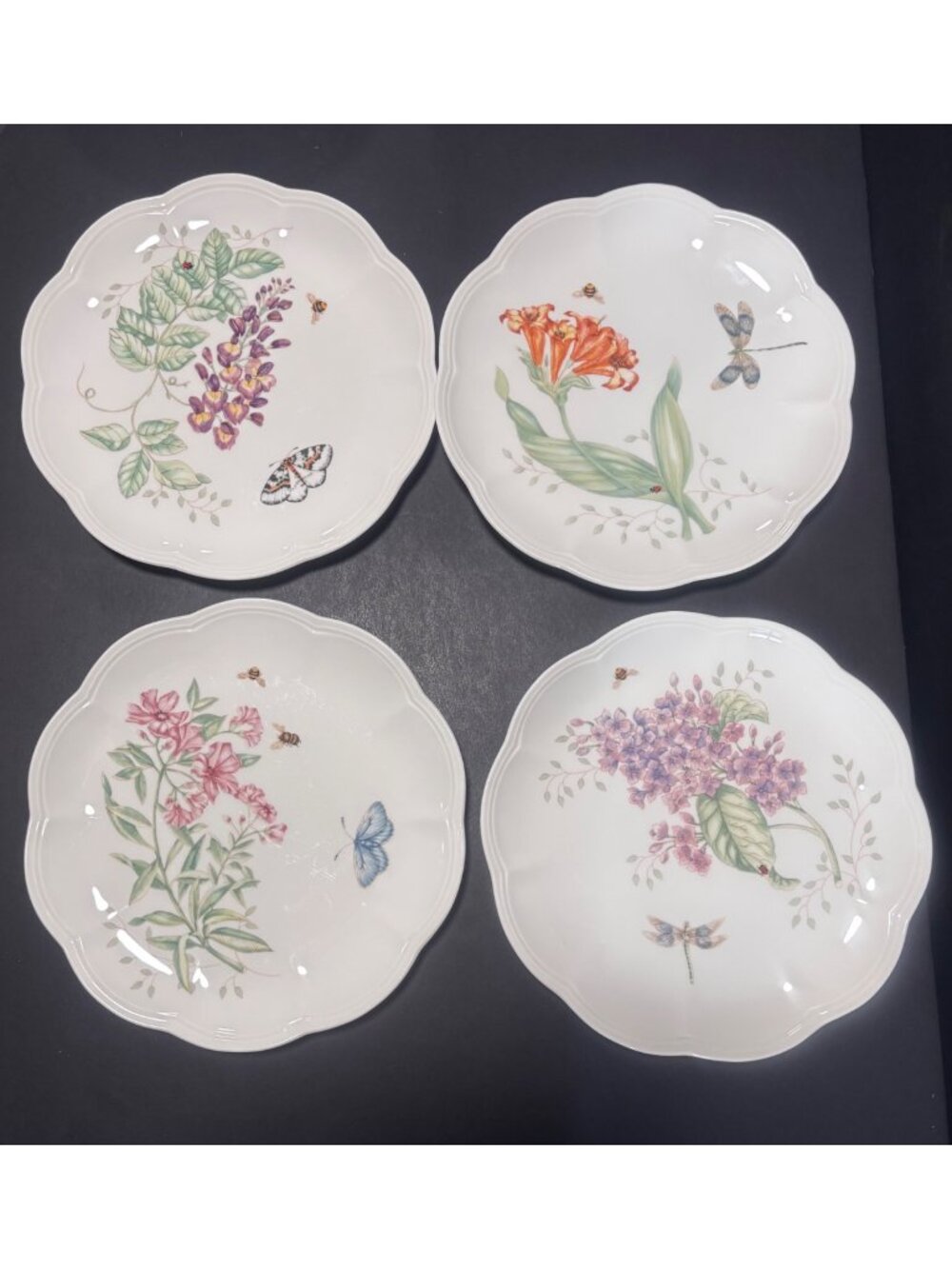 Lenox Butterfly Meadow Luncheon Dessert Scalloped Porcelain Plates Set Of 4 VTG